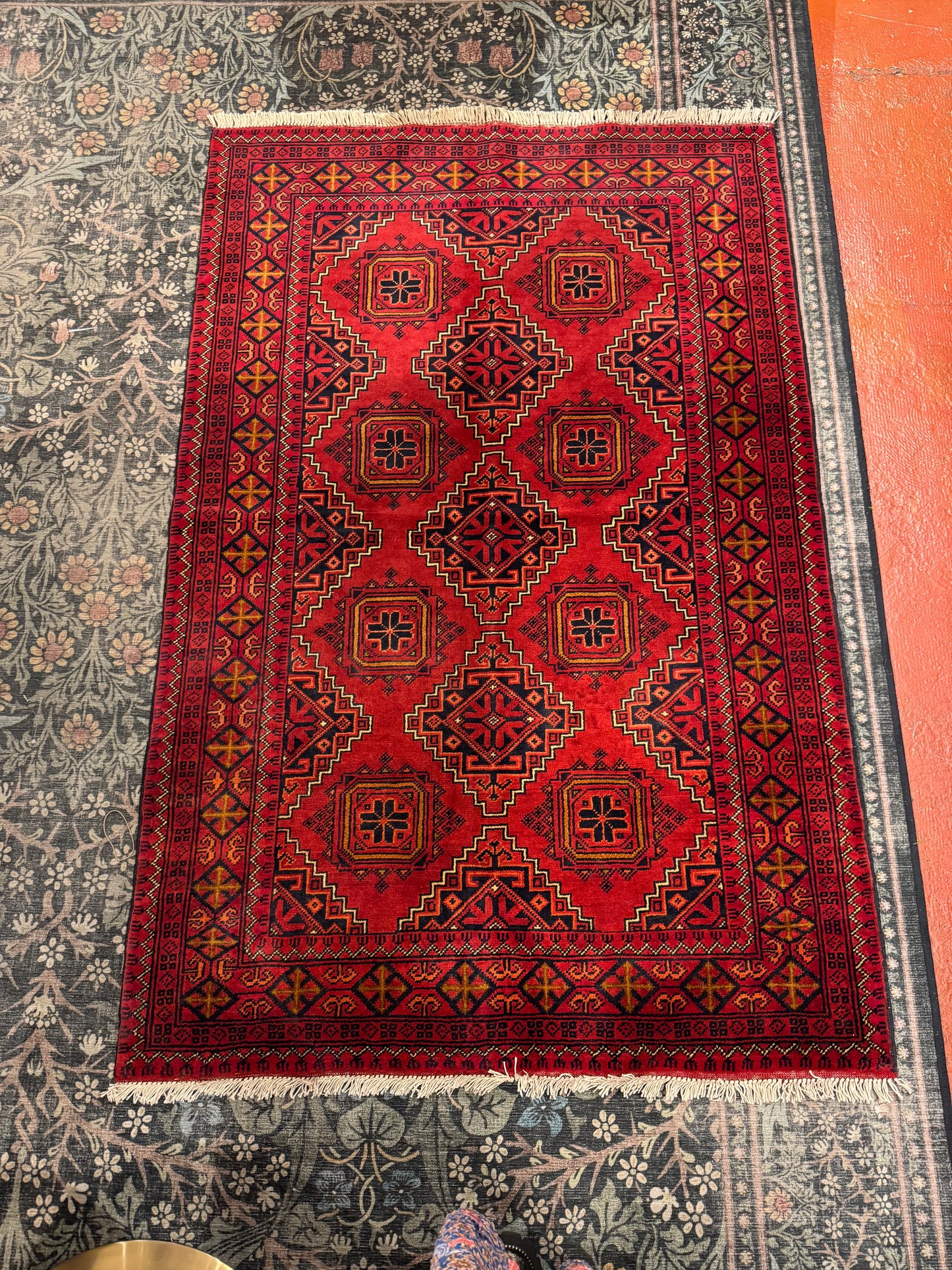 Handmade Wool Area Rug - Red Geometric Print