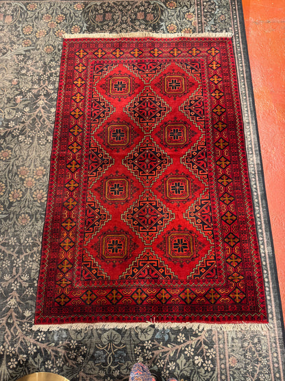 Handmade Wool Area Rug - Red Geometric Print