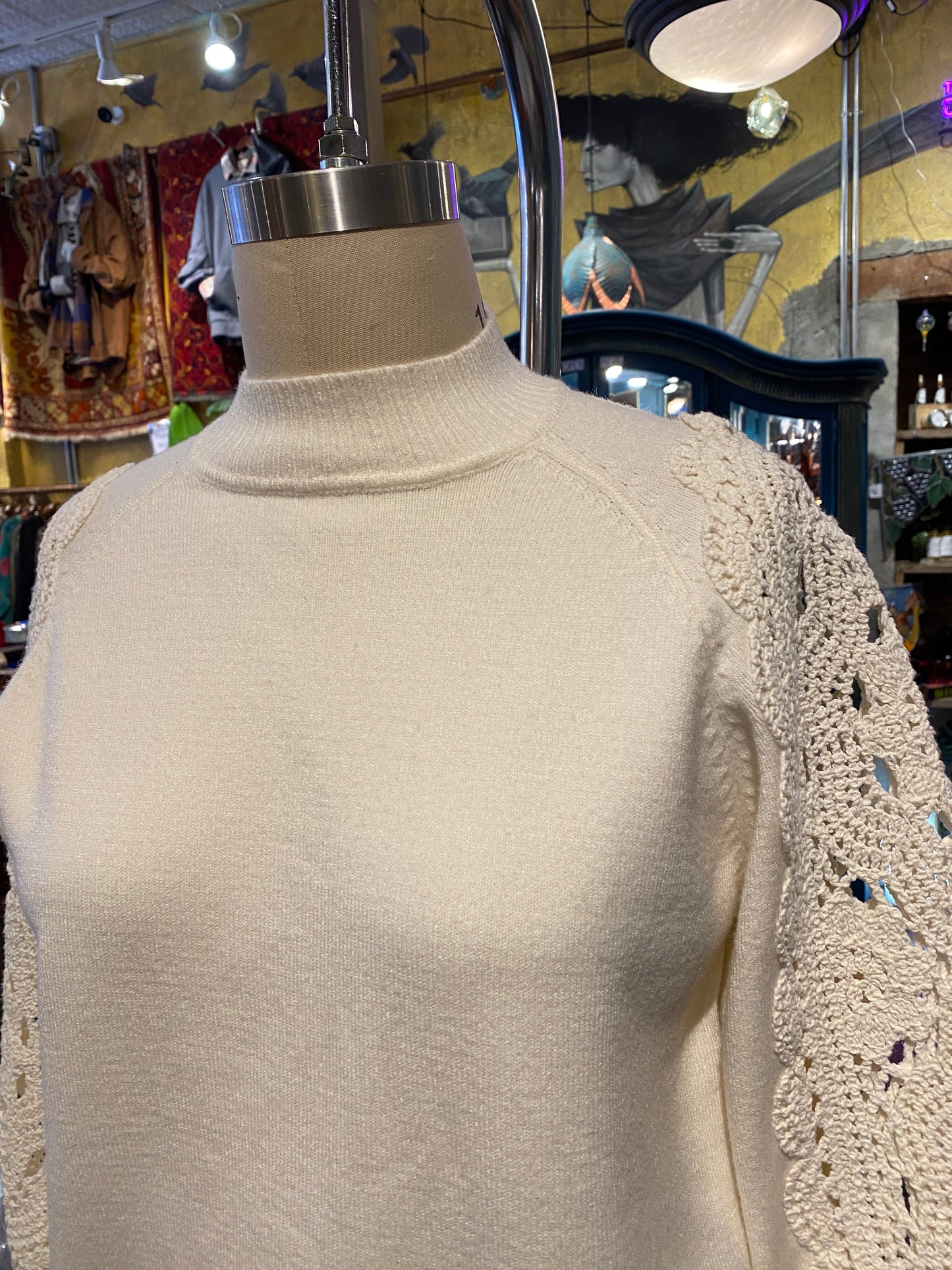 Crochet Sleeve Mock Neck - Ecru