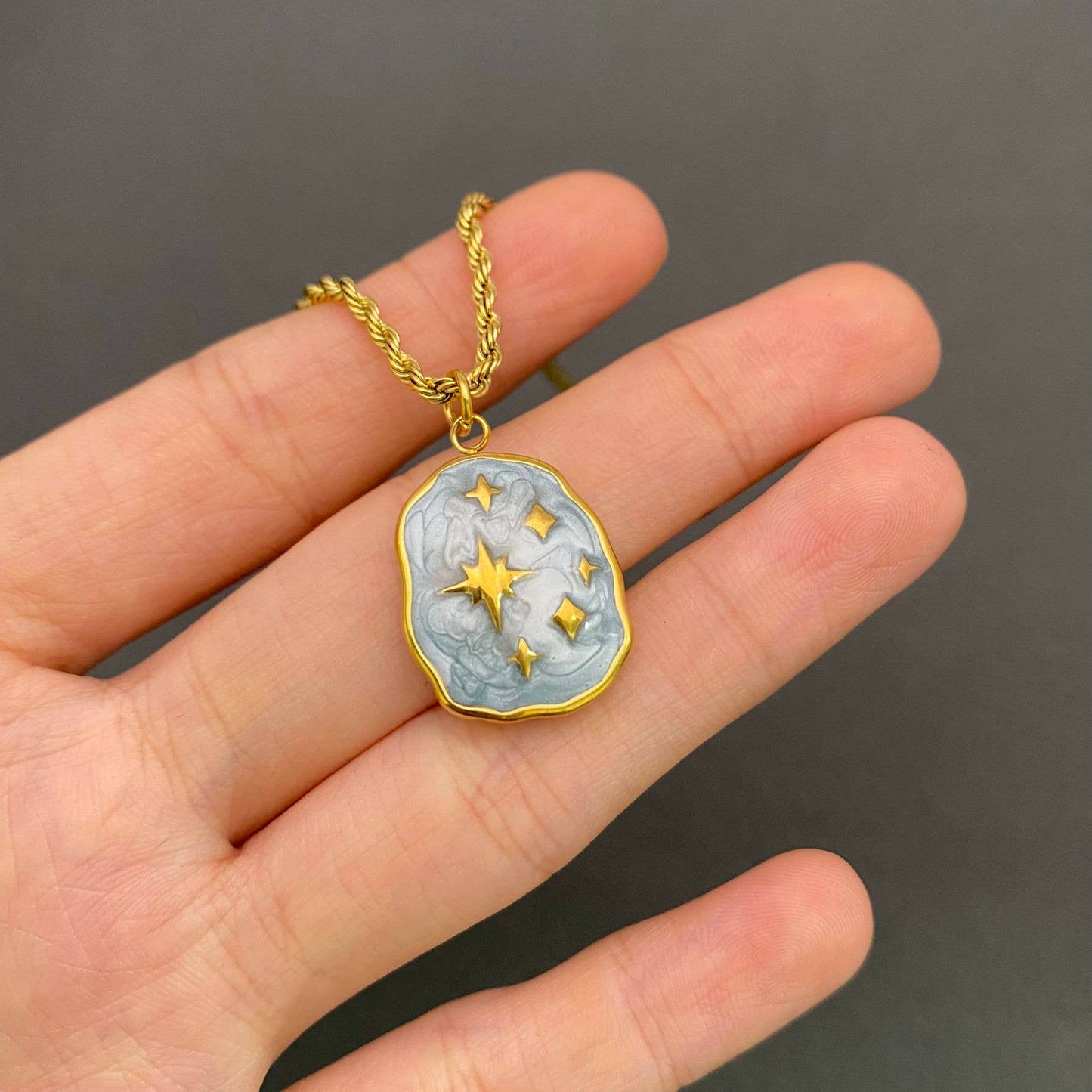 Grey Enamel Star Charm 18K Golden S.Steel Necklace