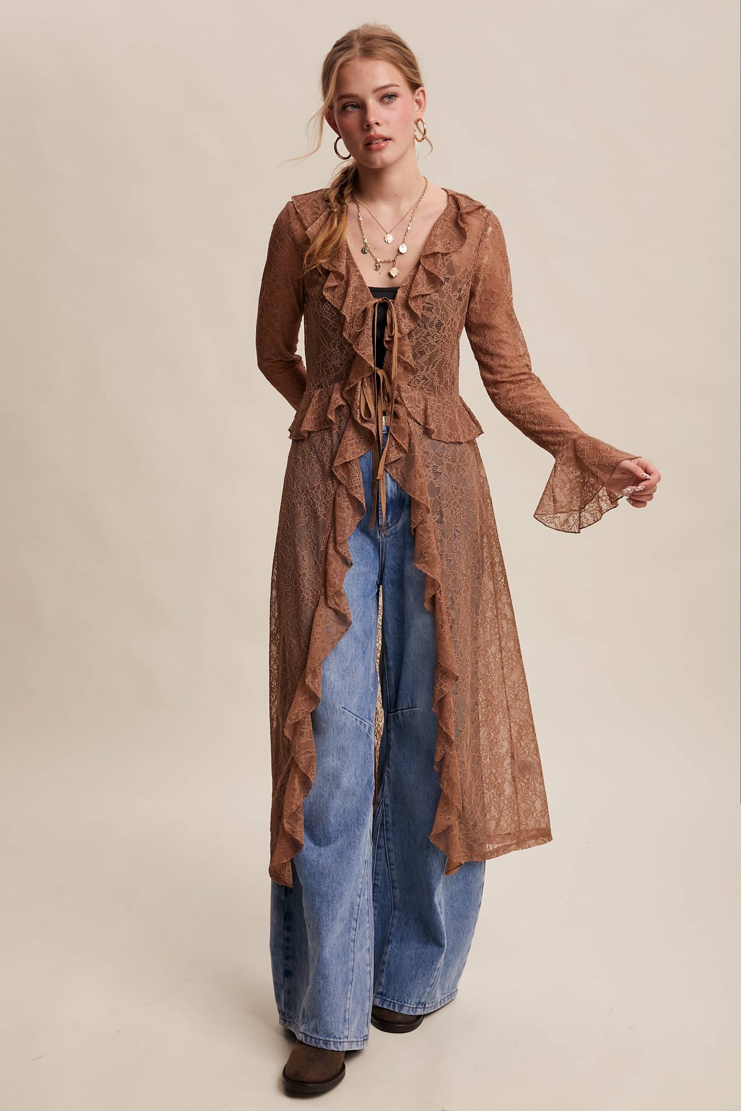 Sheer Lace Ruffle Duster - Mocha