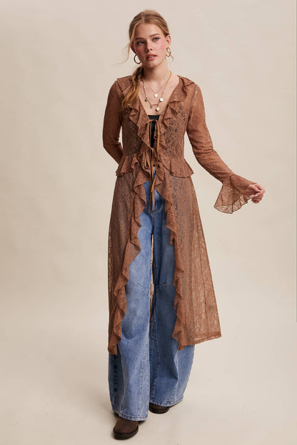 Sheer Lace Ruffle Duster - Mocha