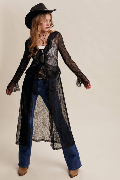 Sheer Lace Ruffle Duster - Black