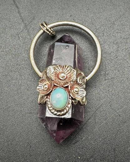 Amethyst double point pendant opal, handcrafted, white metal