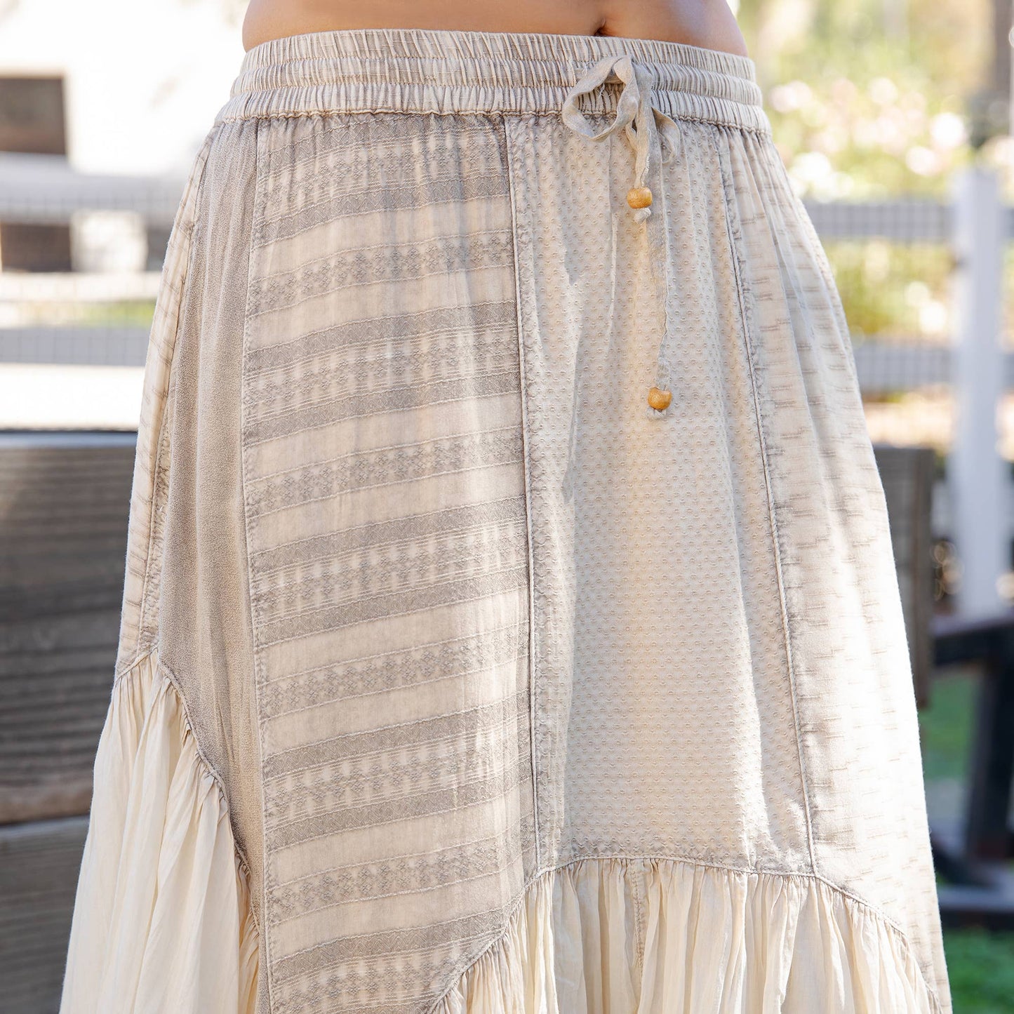 Boho Mixed Panel Drawstring Handkerchief Skirt - Latte