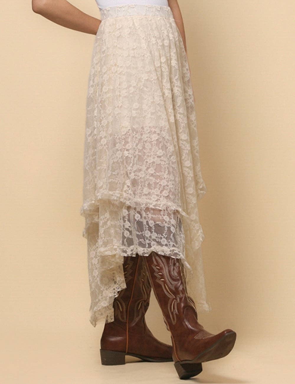 Ladies Floral Lace Layering Slip Midi Skirt- Beige