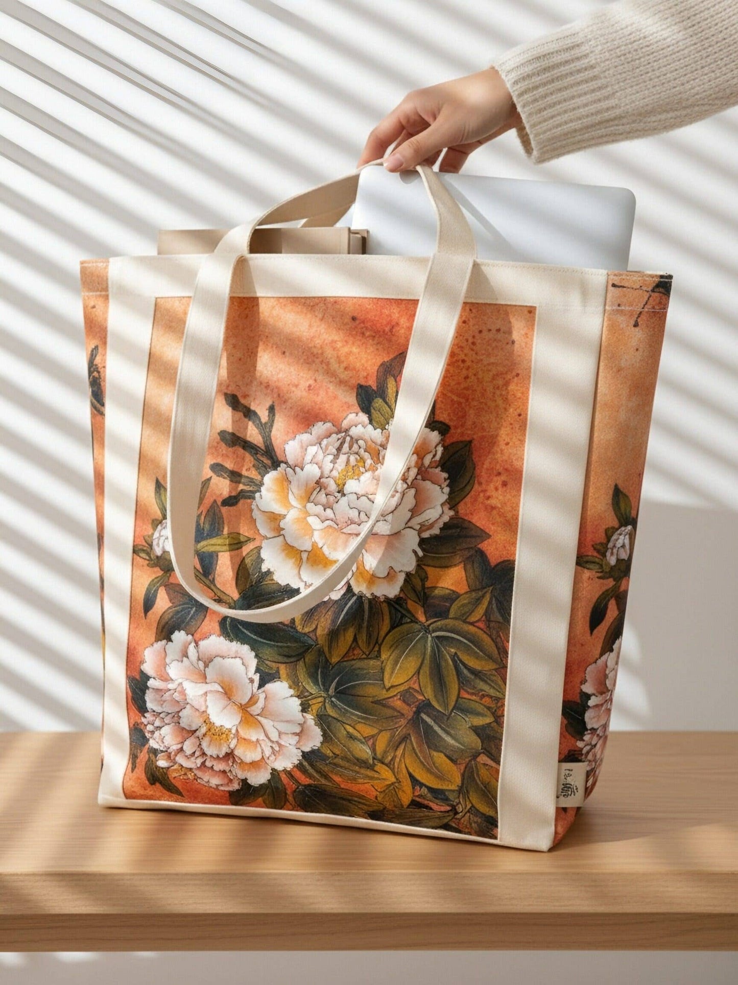 JCB15-01 Orange-Beige Peony Luxury Thick Canvas Tote with Side Panel