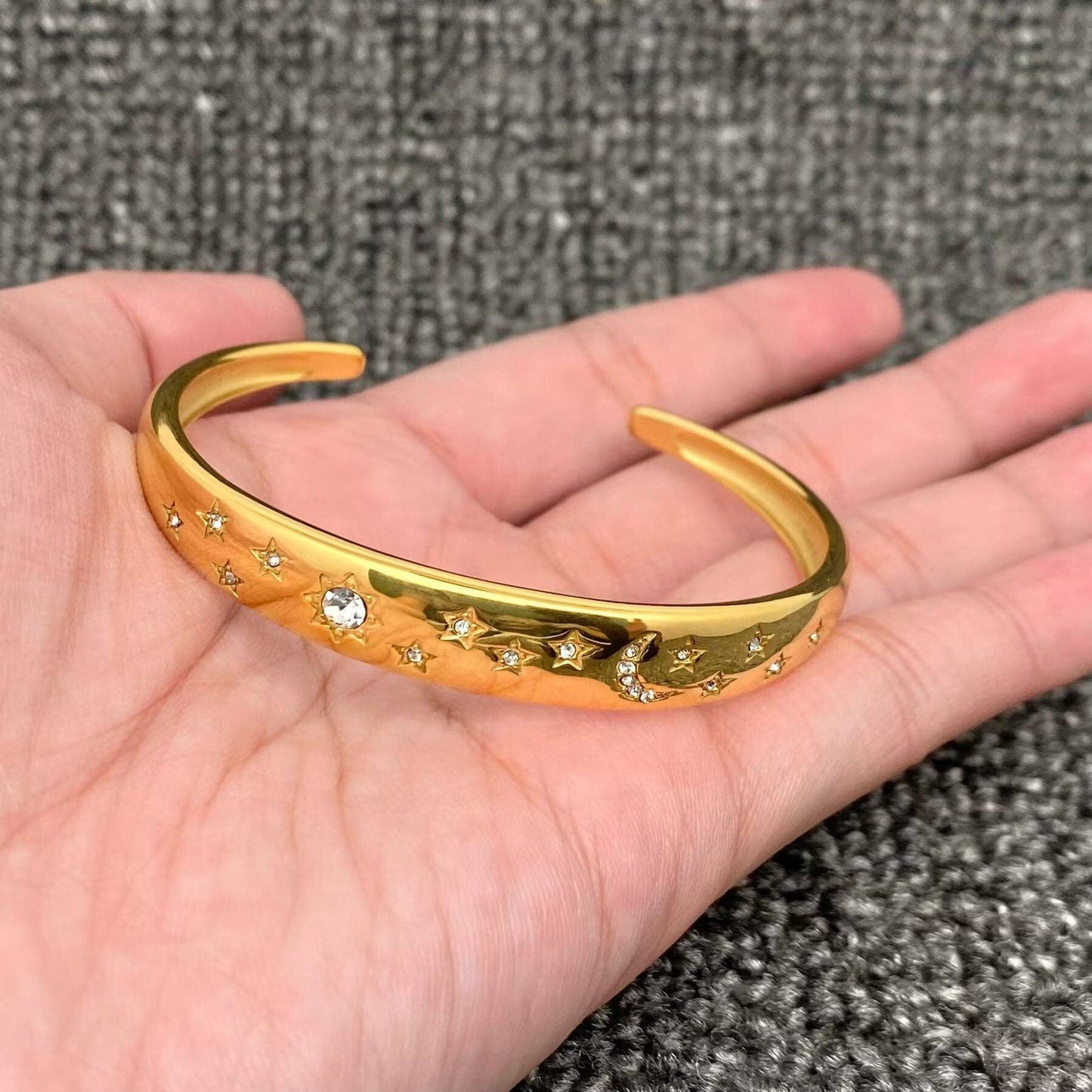 Inlaid CZ Sun Moon Star 18K Gold Plated SS Cuff - FGS/MS