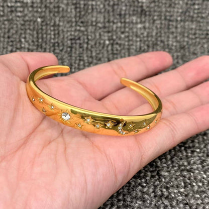 Inlaid CZ Sun Moon Star 18K Gold Plated SS Cuff - FGS/MS