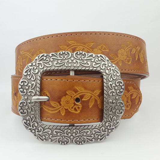 Silver Floral Shape Buckle w. a matching embossing belt - Tan / L