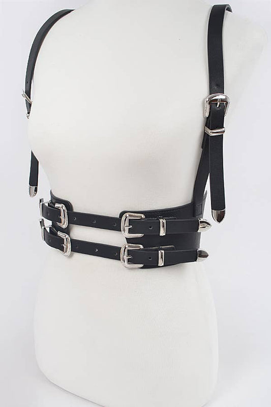 Multi Buckle Harness Belt - Black/Silver