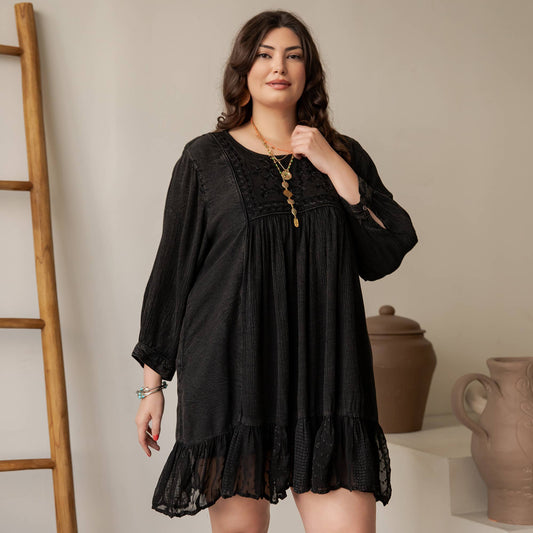 Boho Embroidered Ruffle Hem Babydoll Dress - Charcoal