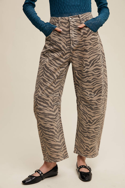 Zebra Print Barrel Jeans - Mocha