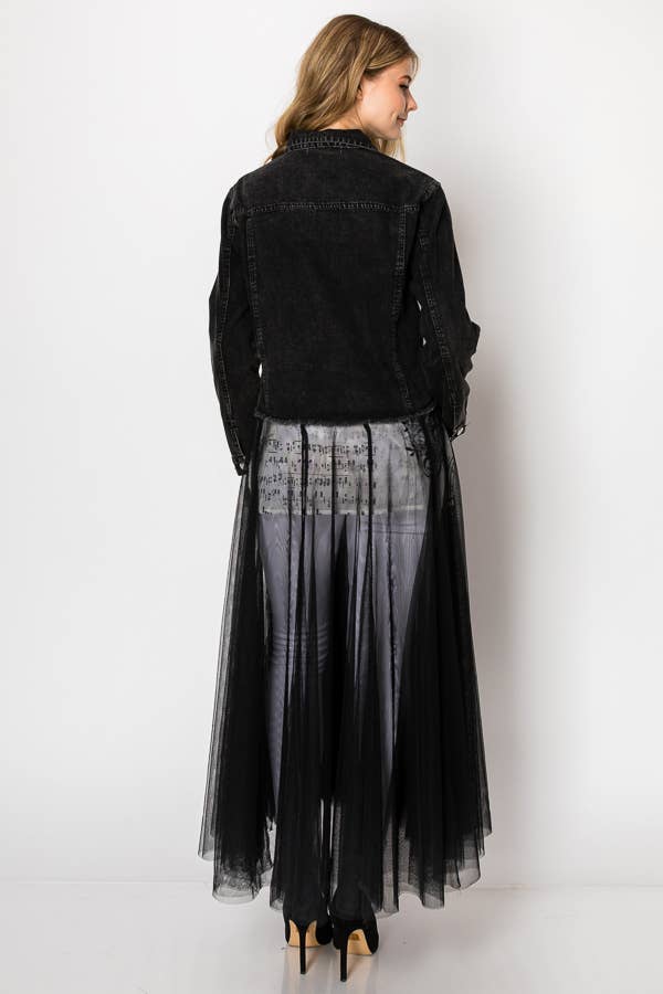 Chic Denim Longline Duster With Tulle Skirt – Black