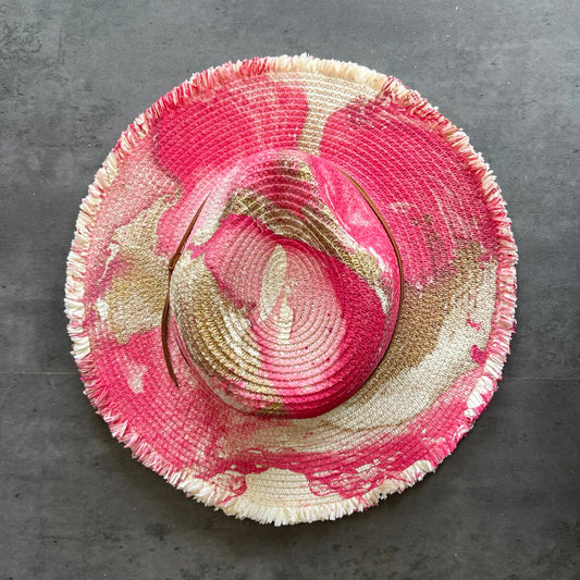 Marbled Straw Fringe Rancher Hat - Pink