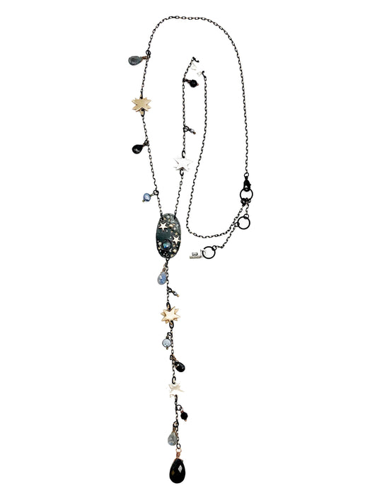 Gold edged Matte black Y Necklace with charm accents N395