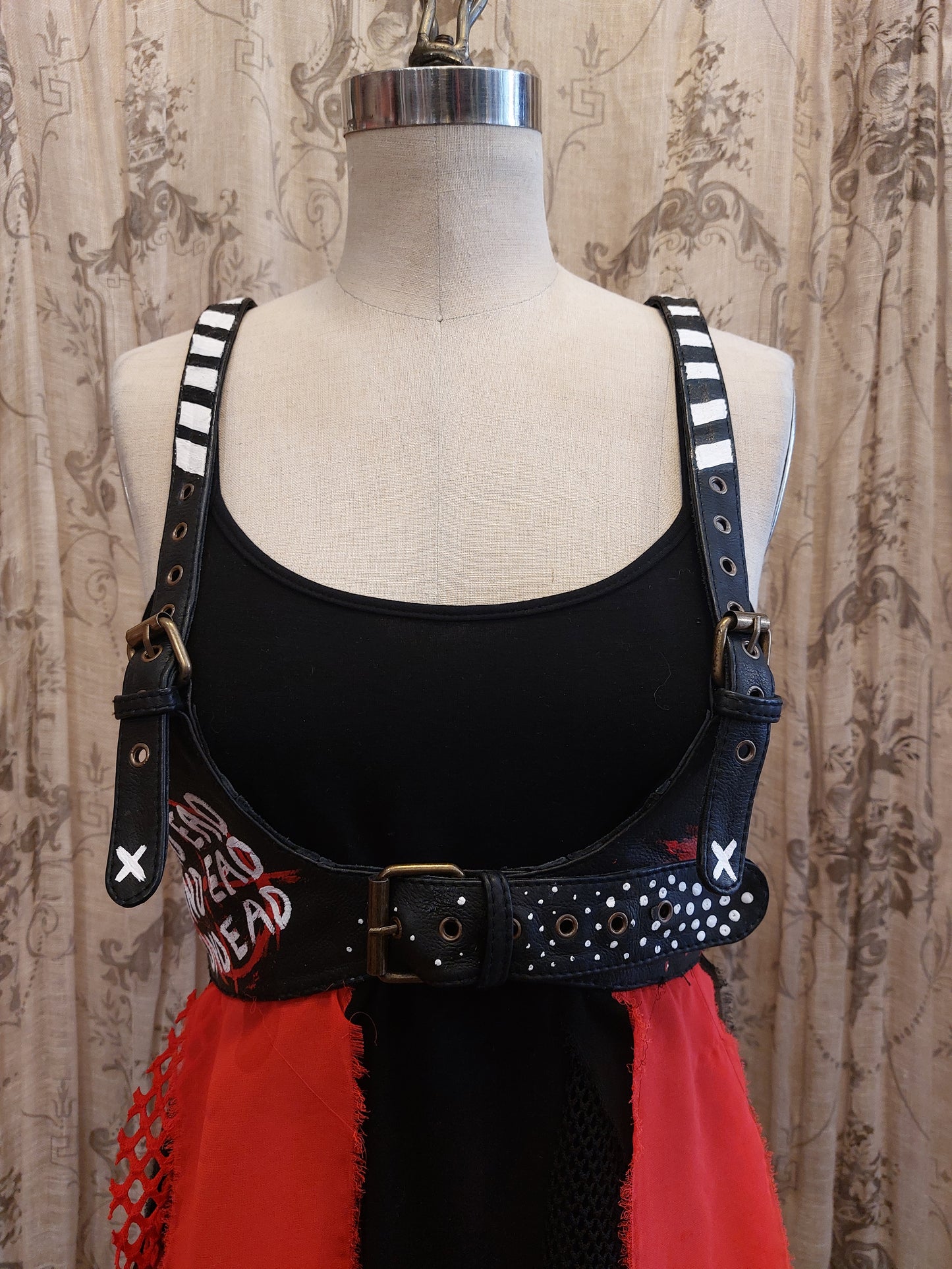 Black & Red Painted Leather Harness Belt