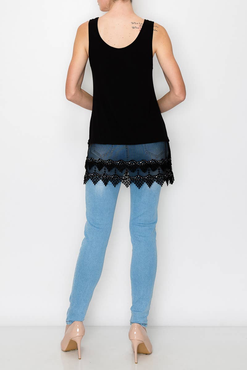 TANK TOP TRIMMED WITH SPARKLY LACE - BLACK