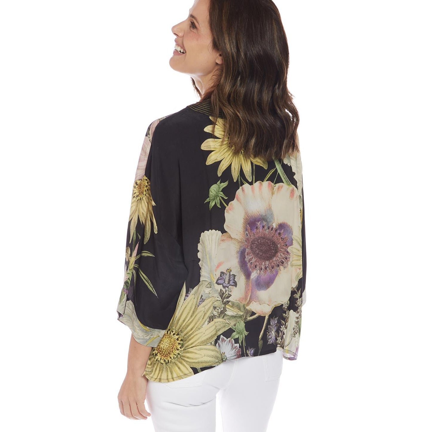 Daisy Print Black Short Kimono