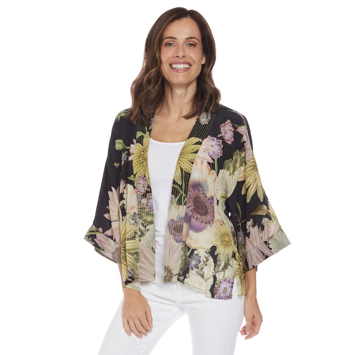 Daisy Print Black Short Kimono