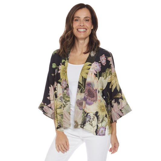 Daisy Print Black Short Kimono