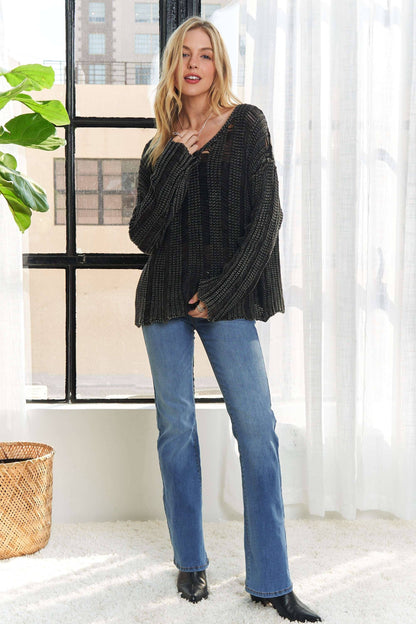 DISTRESSED MINERAL WASHED SWEATER - CHARCOAL