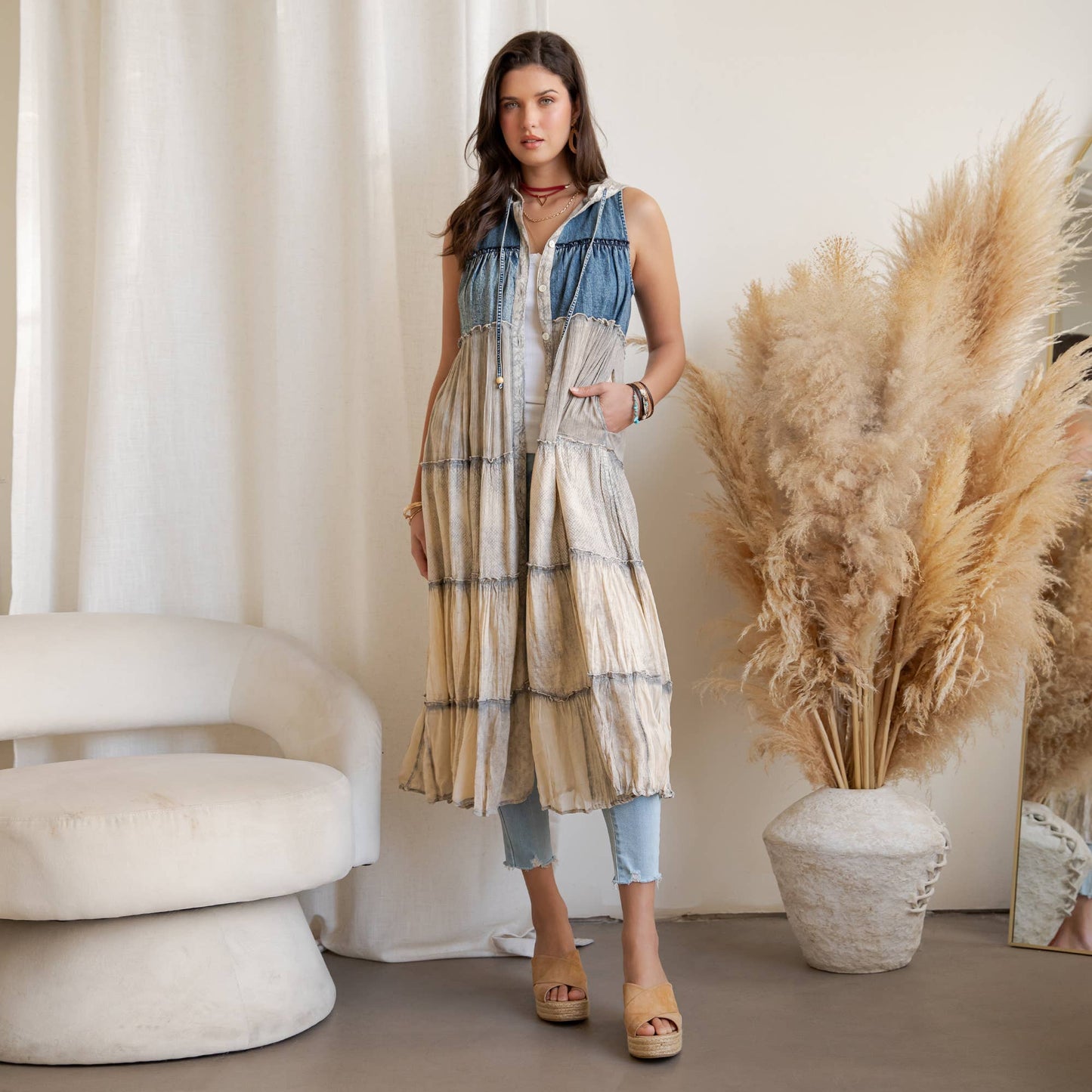 Curve Boho Tiered Duster With Hood - Latte