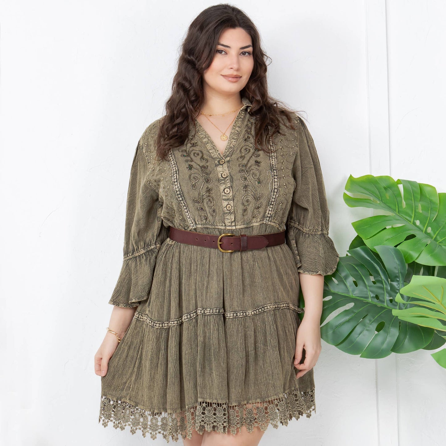 Stone-Washed Baby Doll Dress with V-Neck - GRAVEL