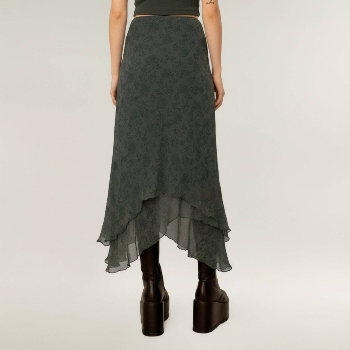 Asymmetrical Midi Skirt with Layered Chiffon- Olive Green