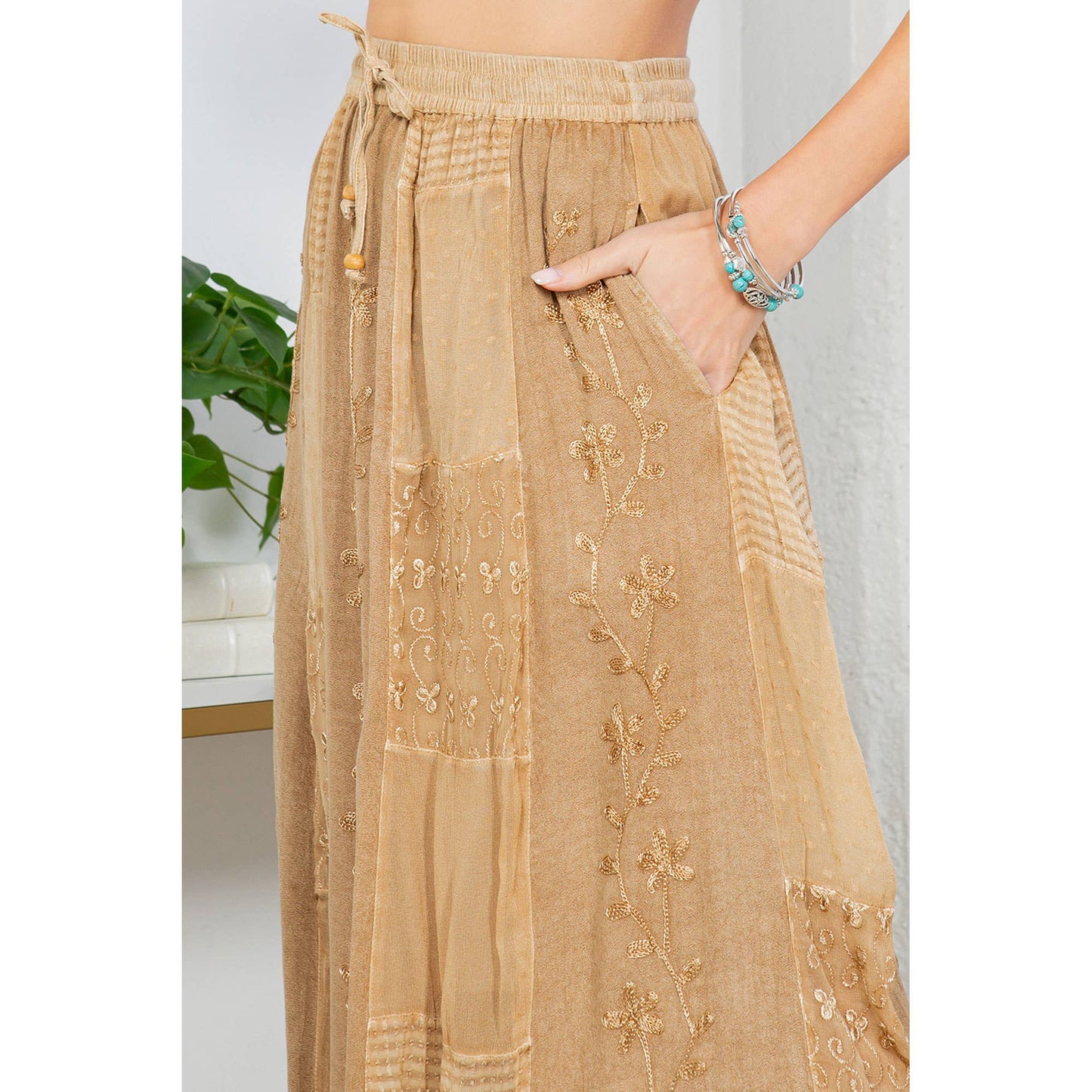 Gypsy Rhapsody Skirt with Aari Embroidery - Camel