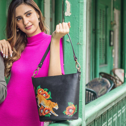 Tall Bucket Hobo Handbag - Handpainted Jaguar