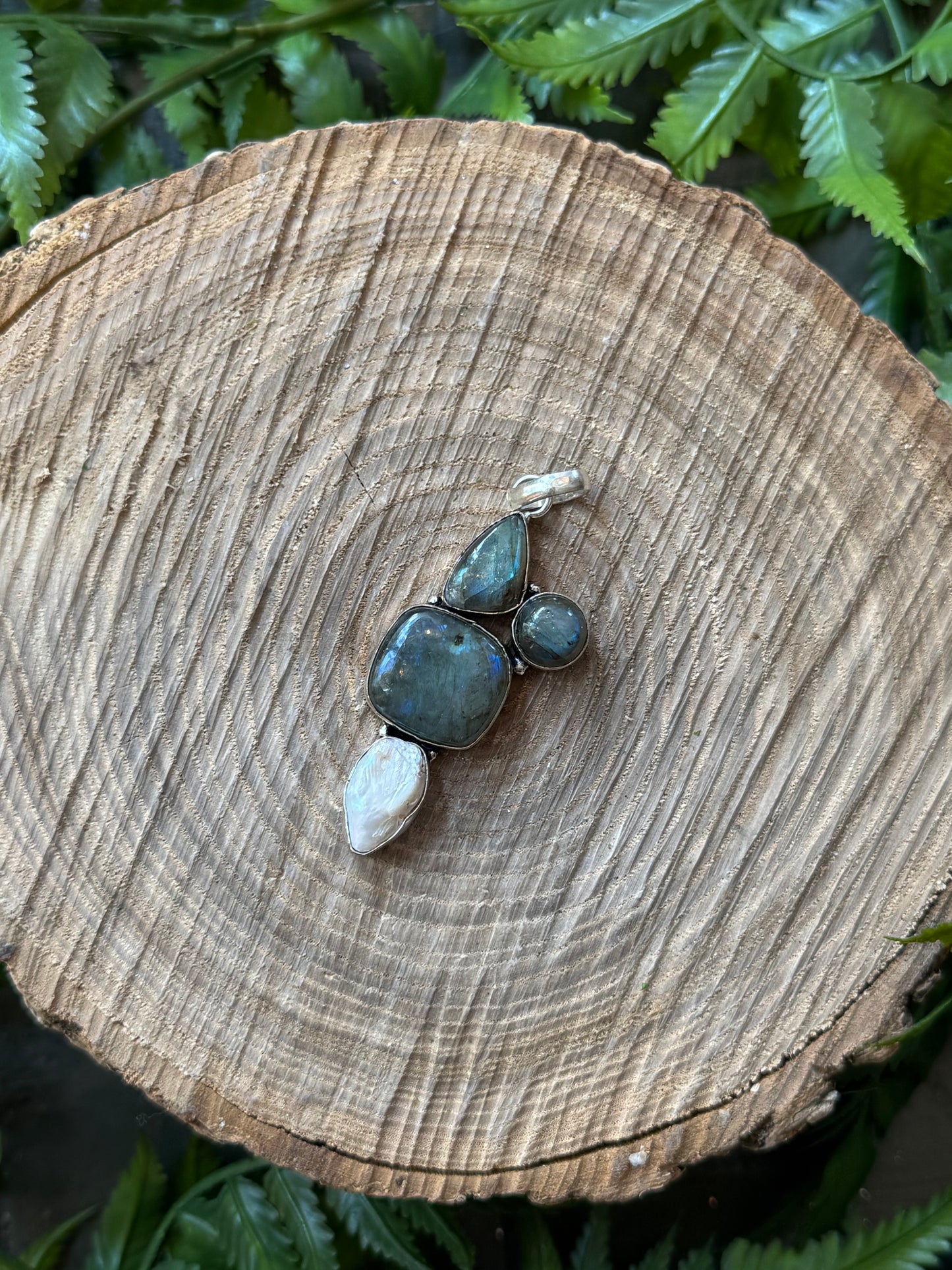 Triple Labradorite & Pearl Cluster Pendant