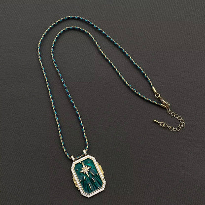 Enamel Rhinestone Star Square Cahrm Braided Rope Necklace