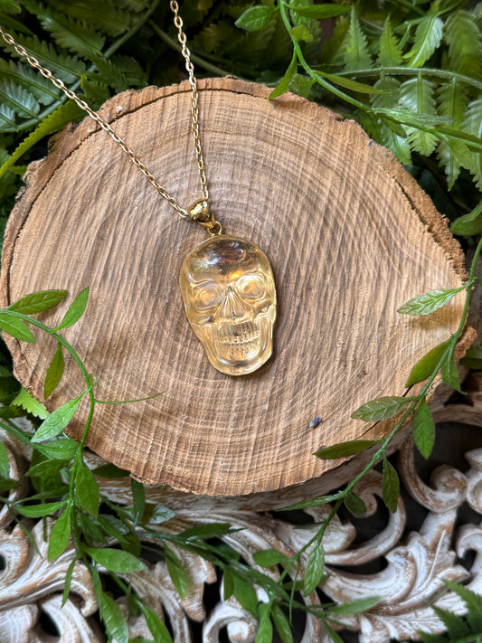 Clear Quartz Golden Skull Necklace