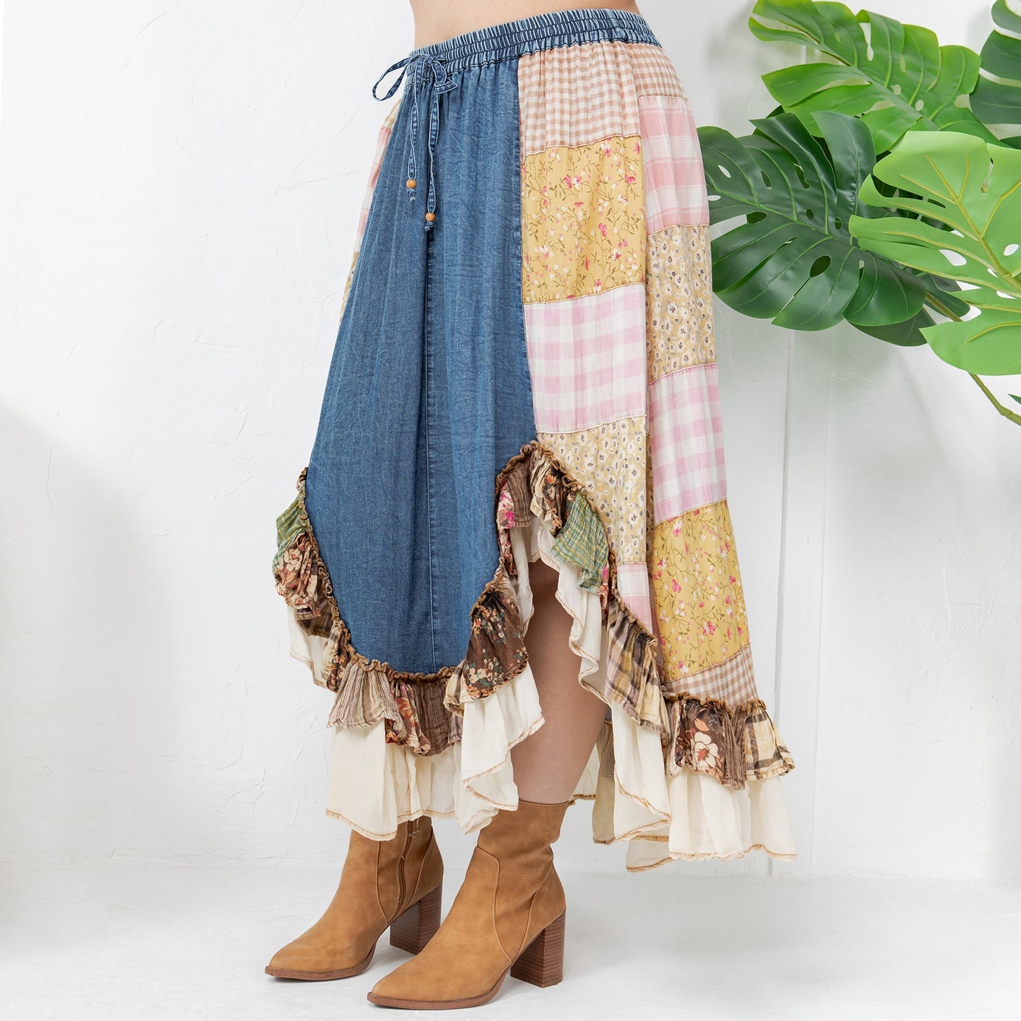 Curve Patchwork Midi Skirt - Denim