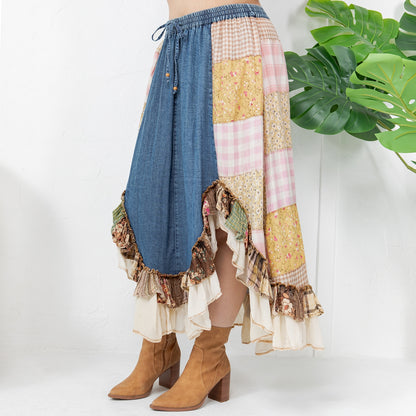 Curve Patchwork Midi Skirt - Denim