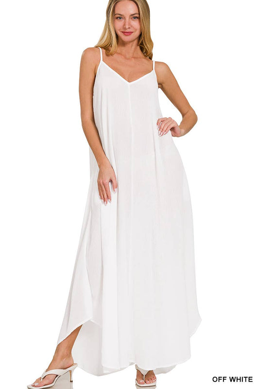 Woven Crinkle V Neck Cami Maxi Dress W/ Side Pocket - OFF WHITE