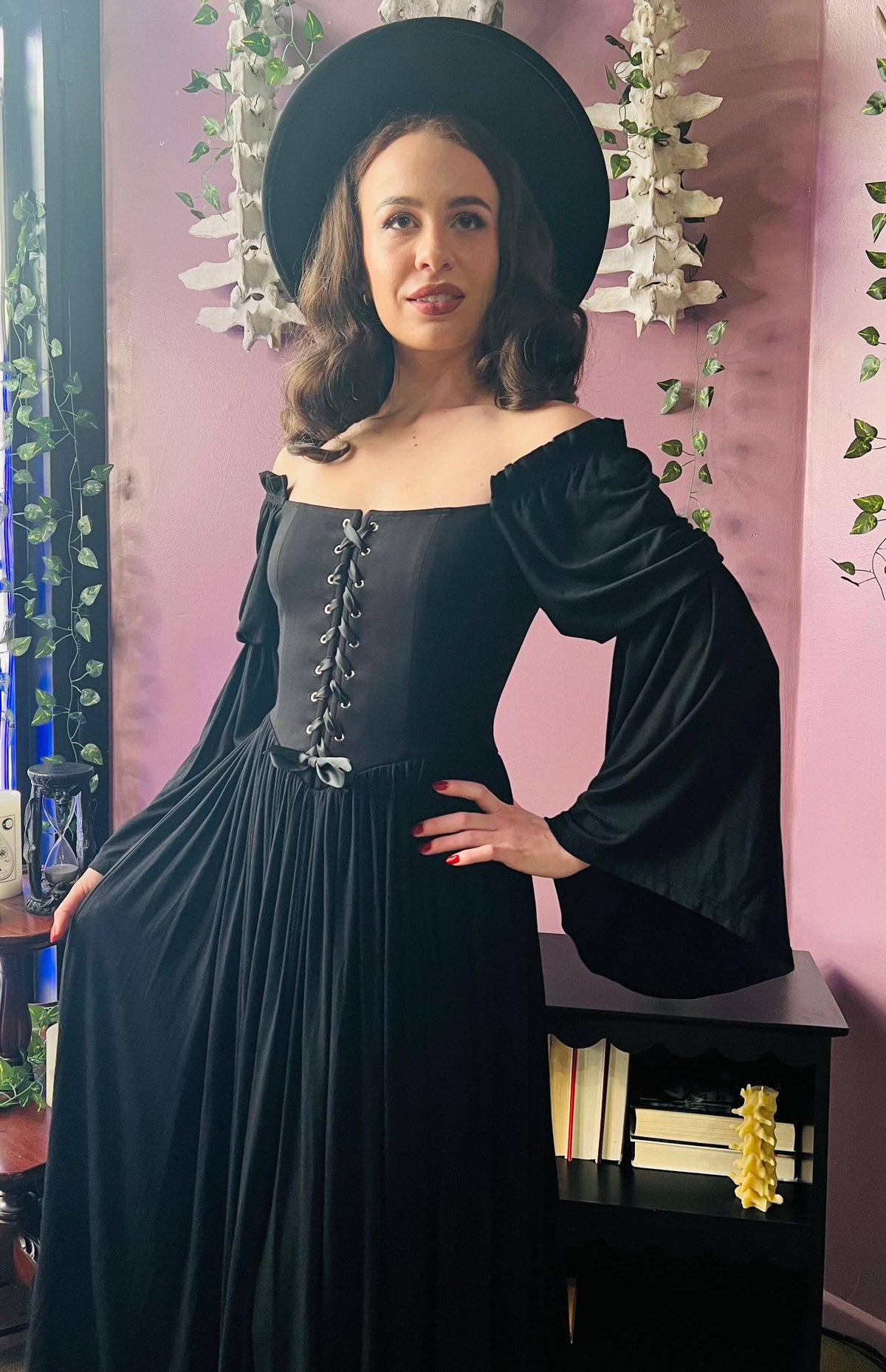 Lilith - Cottage Goth Lace Up Jersey Dress