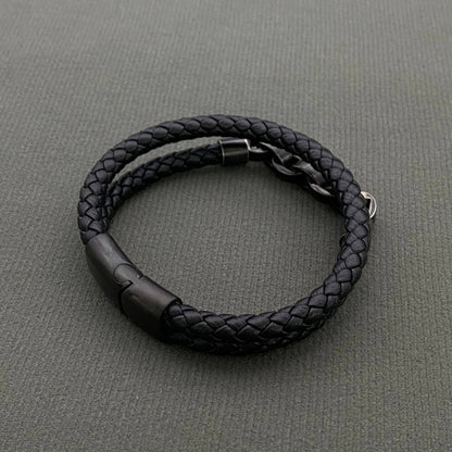 Retro S.Steel Chain Men's Double-layer Leather Bracelet