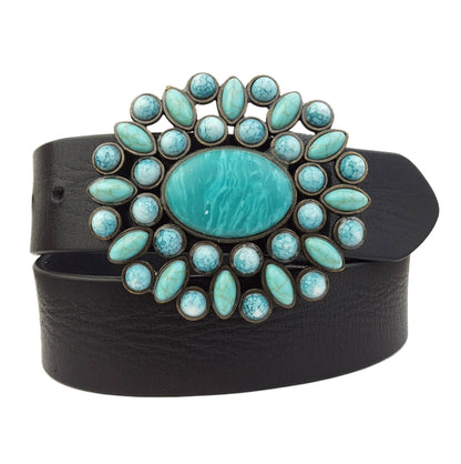 Genuine leather belt w. Western Turquoise Floral Buckle - Black / 32