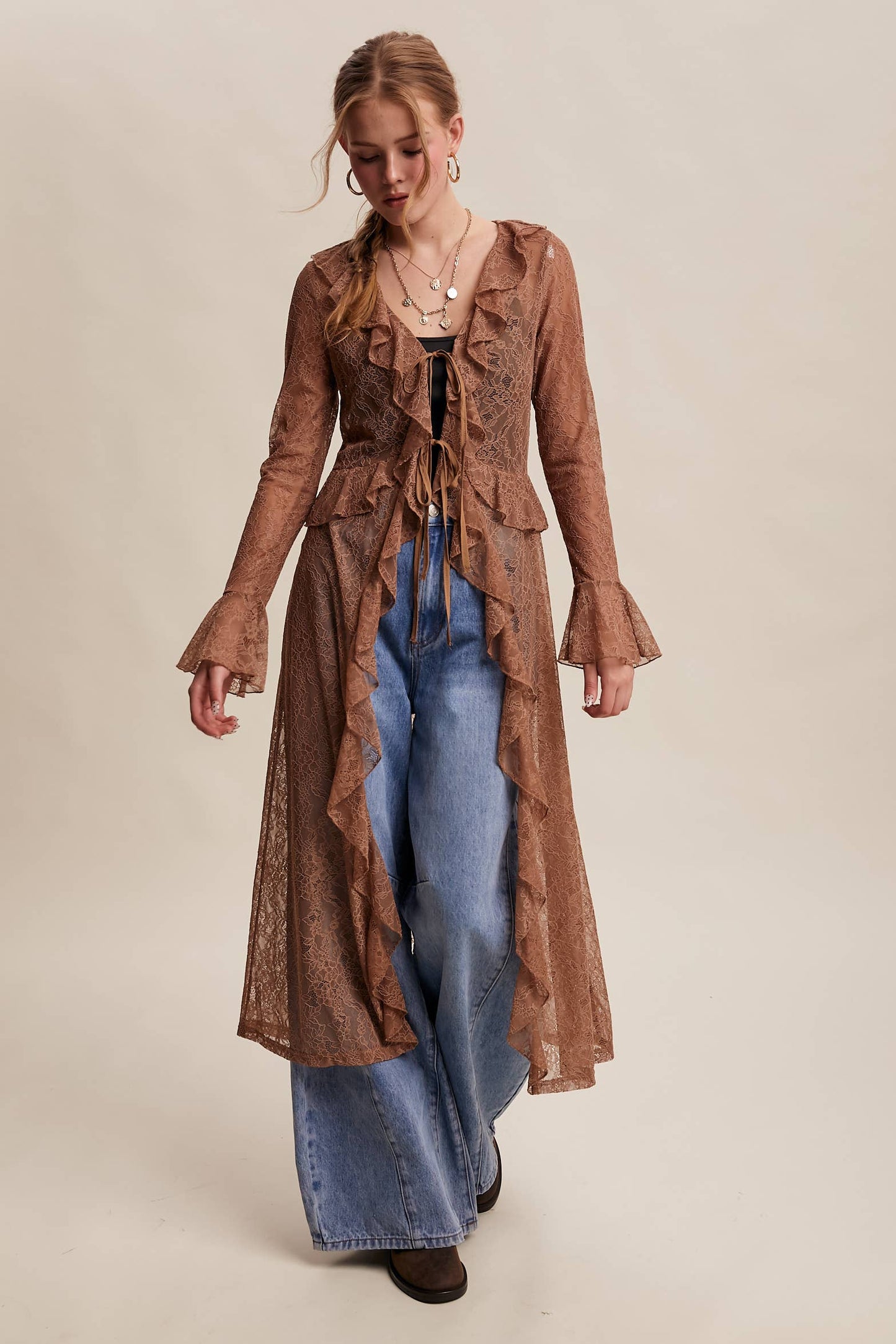 Sheer Lace Ruffle Duster - Mocha