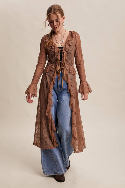Sheer Lace Ruffle Duster - Mocha