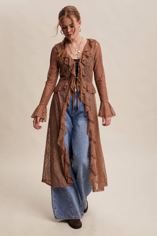 Sheer Lace Ruffle Duster - Mocha