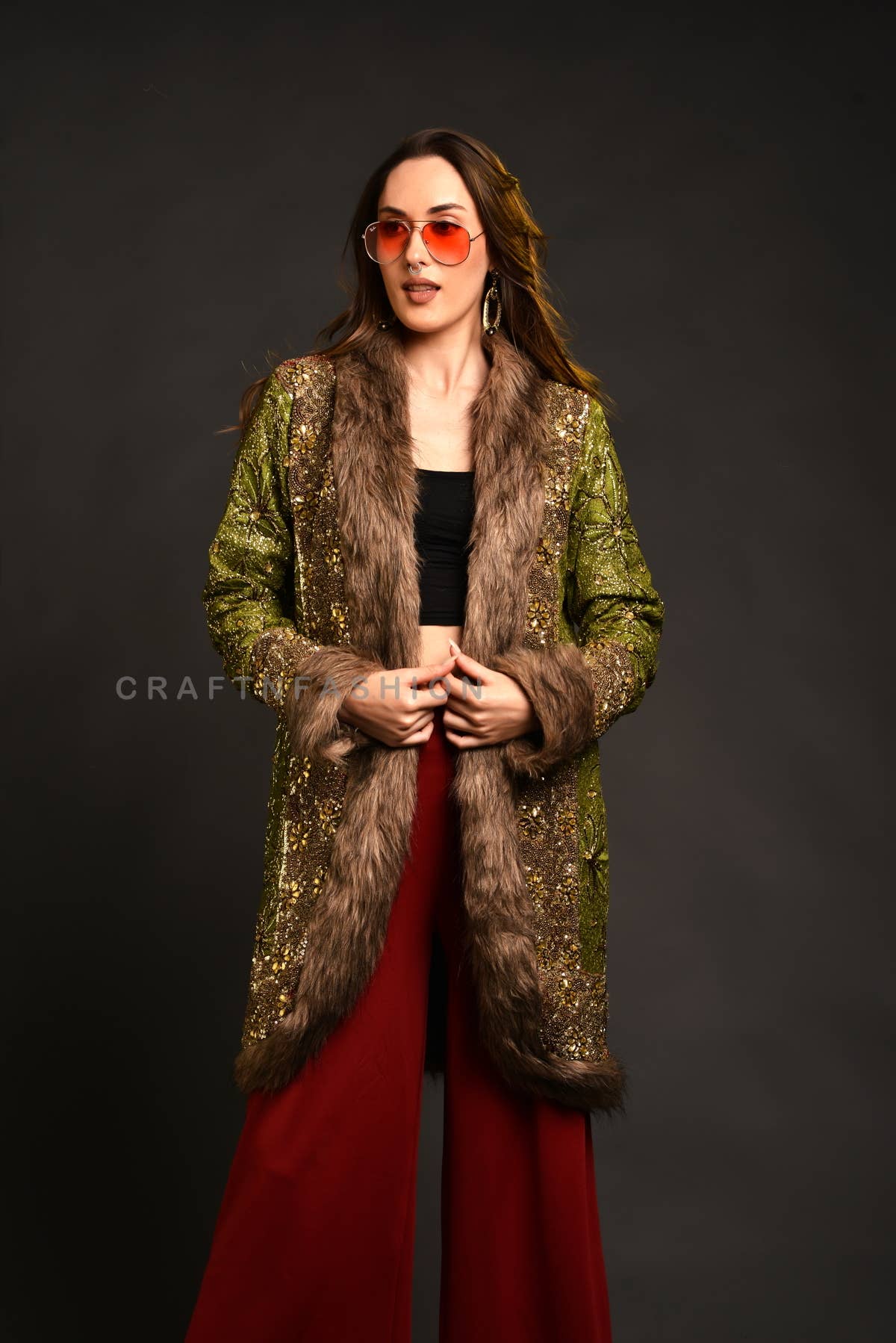 Handmade Vintage Embroidered Fur Jacket Coat - Green