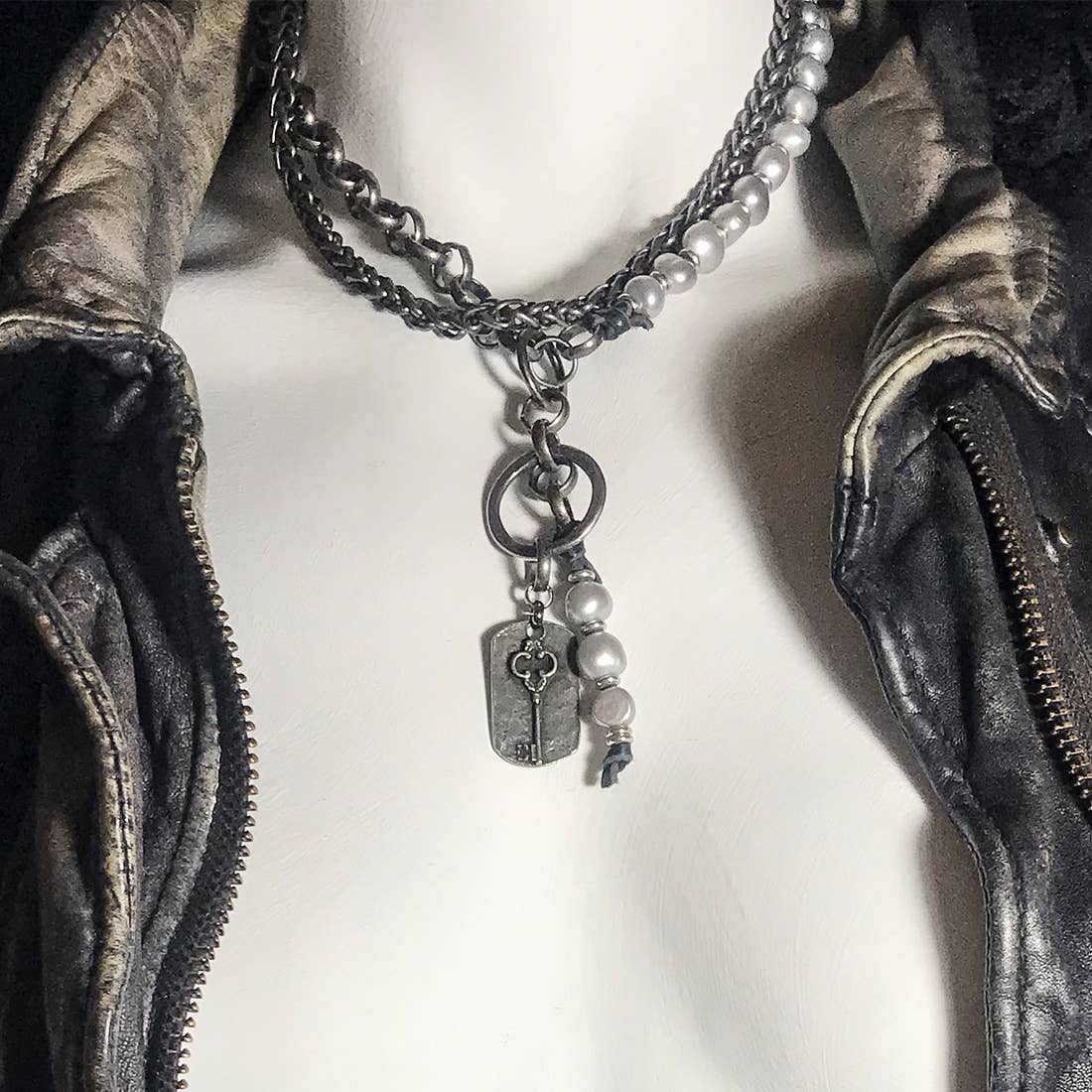 COCO Baroque Pearls Mixed Metals Opera Necklace or Choker - Gunmetal with Pewter Heart Tassel