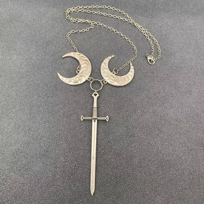 Double Moon Silver Tone Longsword Charm Necklace