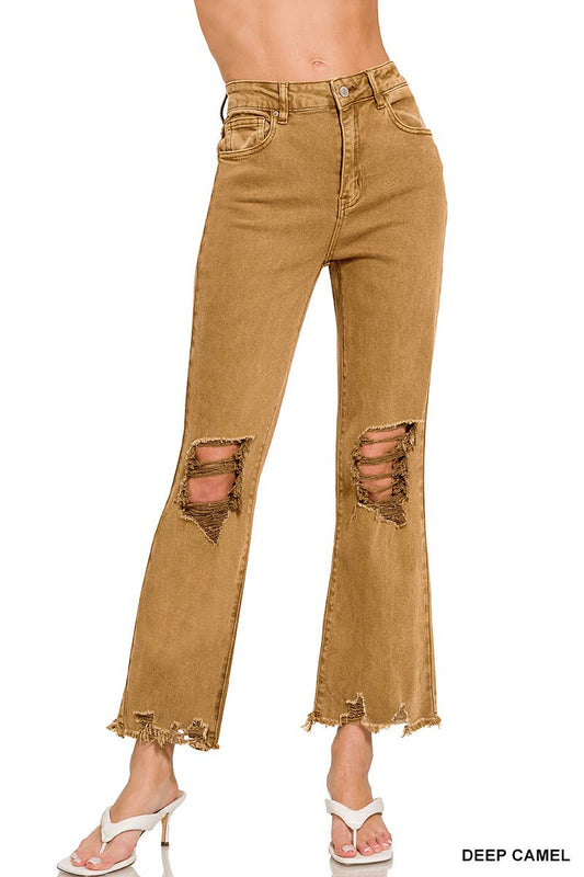 WASHED DISTRESSED KNEE AND HEM PANTS - DEEP CAMEL