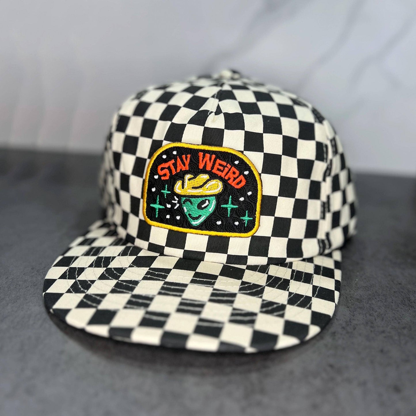 Stay Weird 5-Panel Checkered Floppy Hat - Black