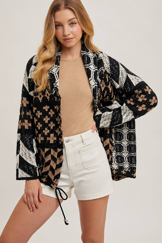Button Down Knit Sweater Cardigan - Black/Brown