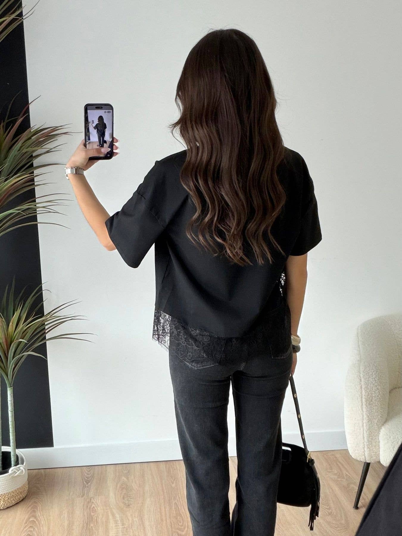 Lace Trim Relaxed Fit Crew Neck Top